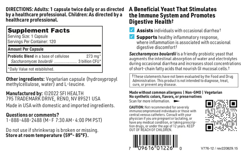 SFI Health Klaire Labs Saccharomyces Boulardii Probiotic – Acid-Resistant, Shelf-Stable, Dairy-Free (120ct)