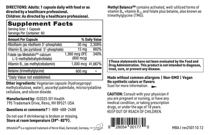 SFI Health Klaire Labs Methyl Balance – Activated B Vitamins + TMG, Metafolin Folate, 60 Capsules