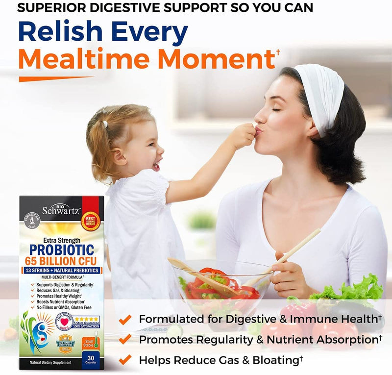 Probiotic 65 Billion with Prebiotic – Digestive Health Capsules (30ct) | Lactobacillus Acidophilus