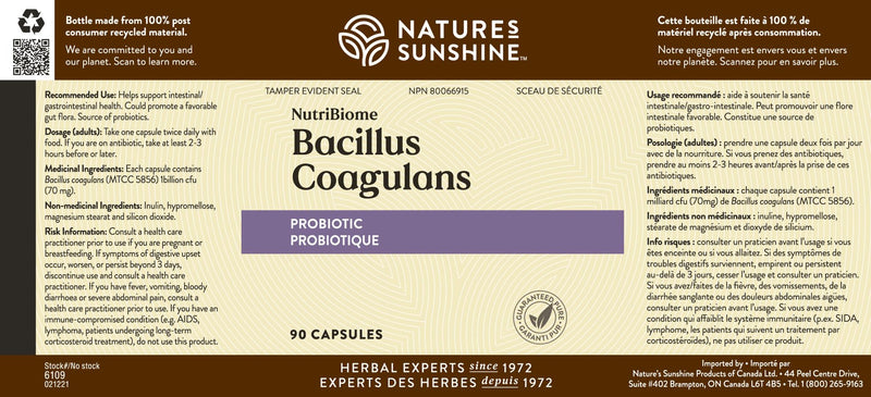 Nature's Sunshine Nutribiome Bacillus Coagulans Probiotics - 90 Capsules, 3 Billion CFU for Digestive Support