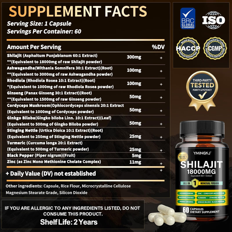 Shilajit Capsules 18000mg (60) 10-in-1 with Ashwagandha & More