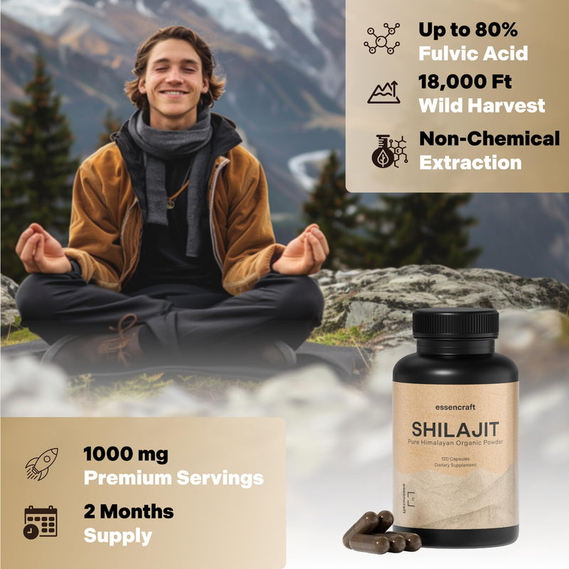 Essencraft Organic Himalayan Shilajit Resin Extract – 1000mg Max Potency, 85+ Minerals, Lab Tested, 2-Month Supply (120 Capsules)