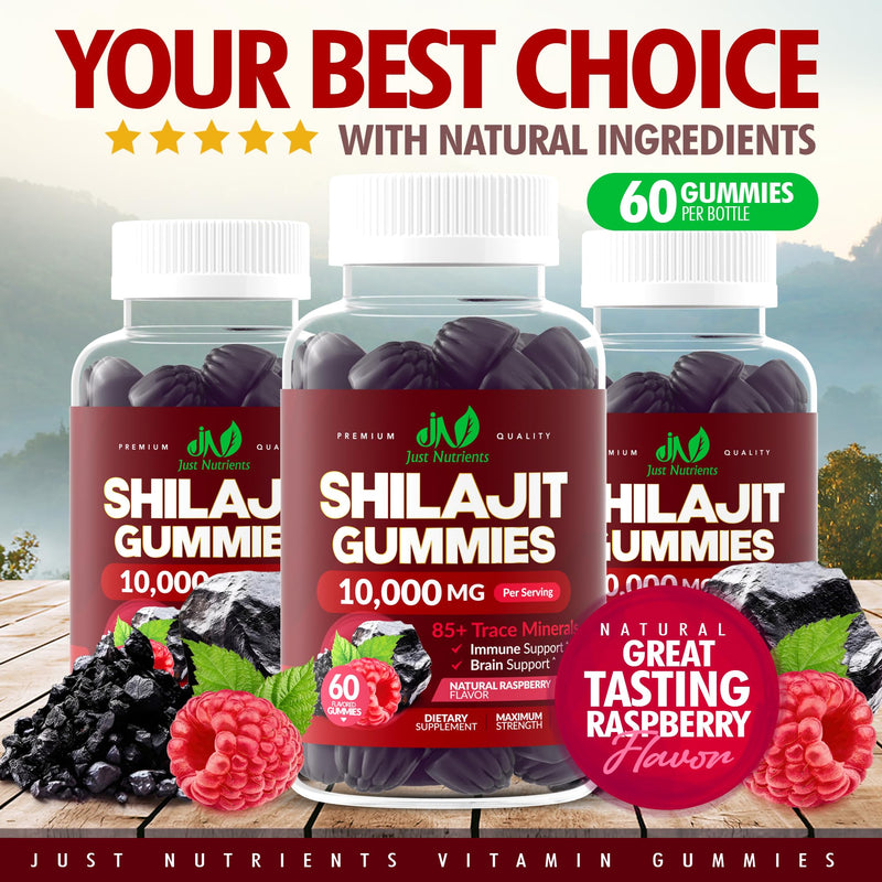 Shilajit Gummies 10,000mg – Maximum Strength Raspberry (Gluten-Free, Non-GMO)