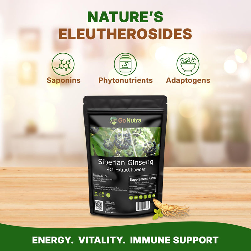 Go Nutra Siberian Ginseng - Eleuthero Root Powder 4:1 Extract | Energy & Stamina | Non-GMO | 4 oz