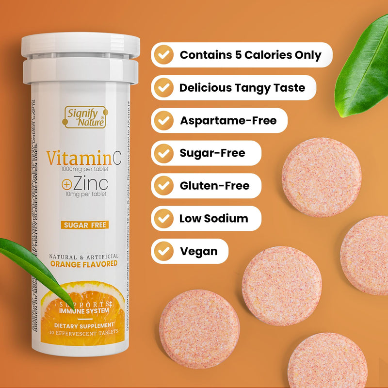 Signify Nature Vitamin C 1000mg Effervescent Tablets with Zinc - Sugar-Free & Vegan - 20 Count