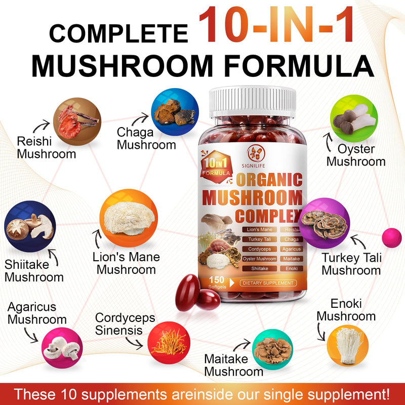SIGNILIFE 10 in 1 Lion's Mane Mushroom Supplement – Memory & Focus – 150 Softgels