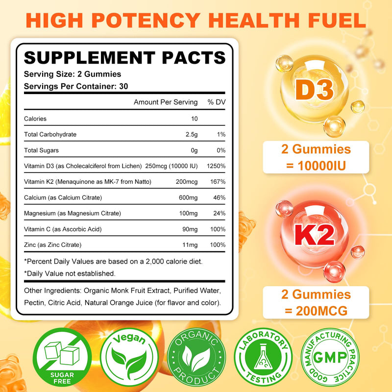 Sijigood Vitamin D3 K2 Gummies – 10,000 IU D3, 6-in-1 Bone & Immune Support