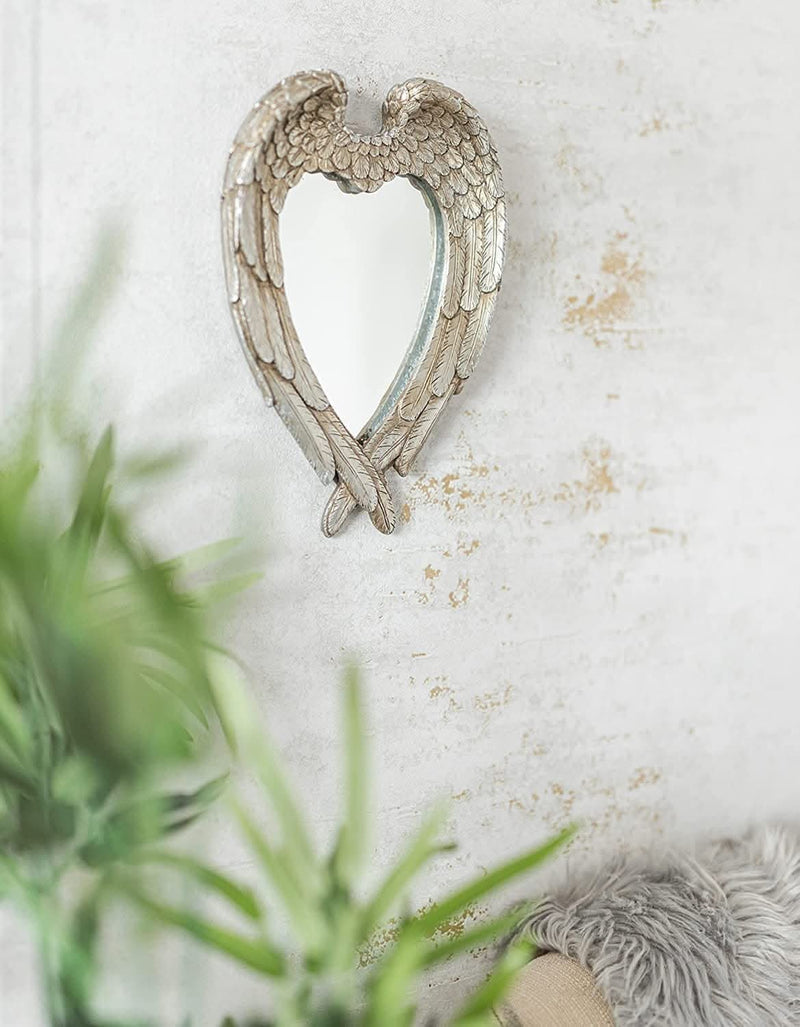 Silver Feathered Angel Wings Heart Shaped Decorative Wall Mirror