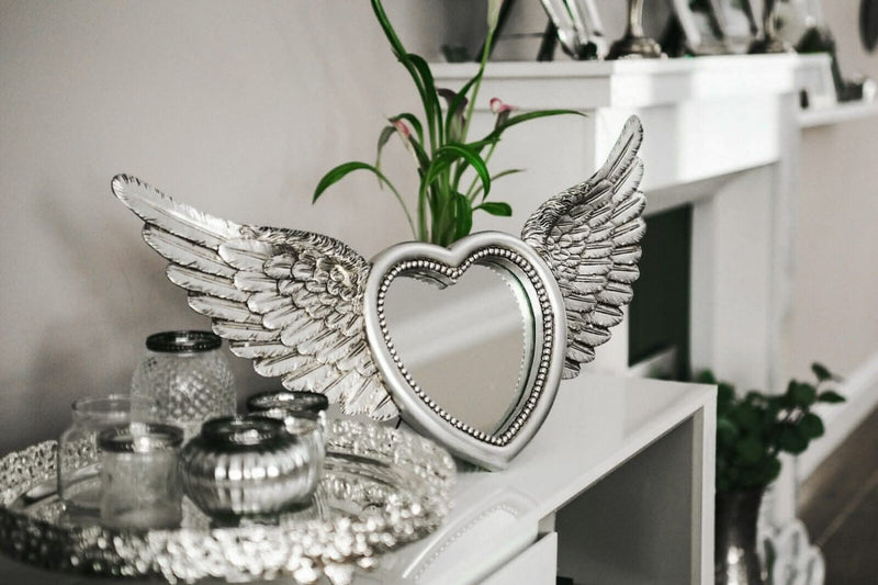 Large Silver Heart Angel Wings Wall Mirror & Photo Frame 64cm