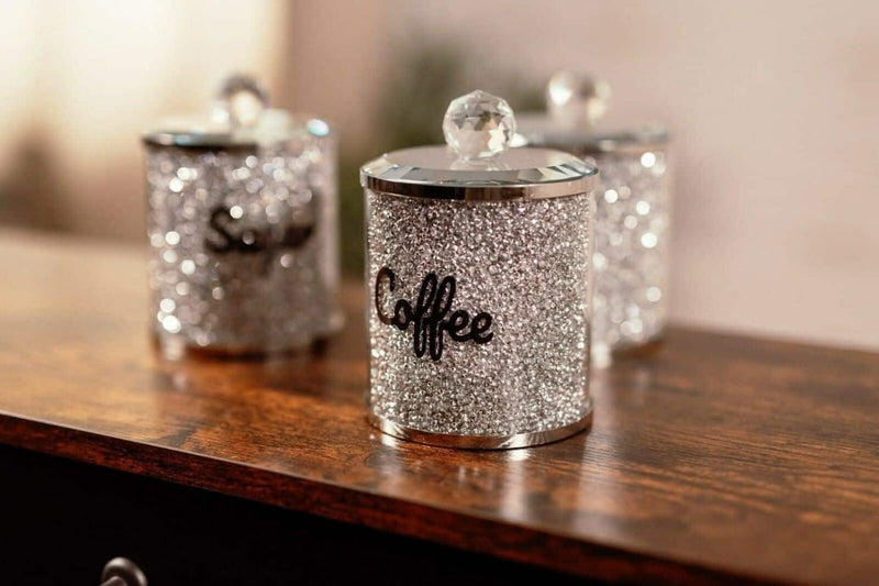 3pc Diamante Tea Coffee Sugar Canister Set Silver Crystal Jars