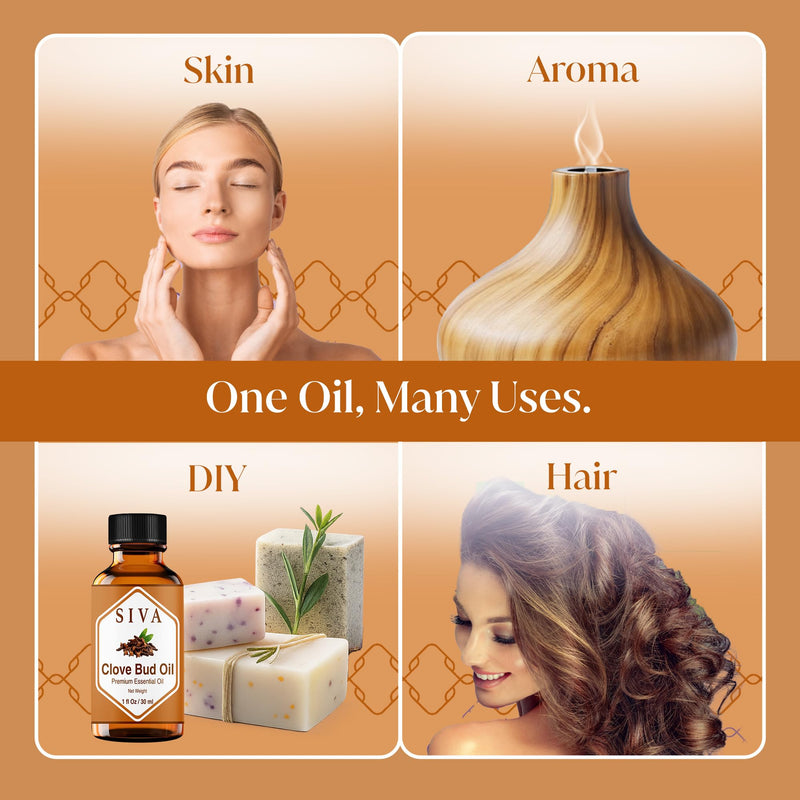 Siva Clove Bud Essential Oil - 1oz | 100% Natural Clove Bud Oil for Diffuser, Skin Care, Aromatherapy, Hair Care, Scalp & Body Massage - With Dropper