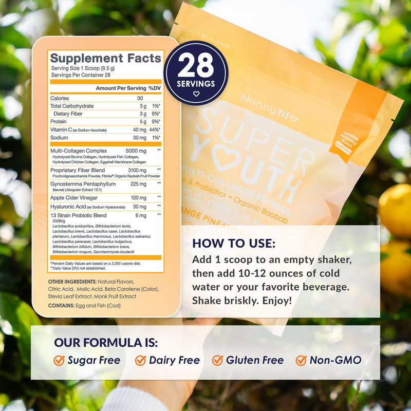 SkinnyFit Super Youth Collagen for Women - Multi-Collagen Peptides Powder with Probiotics, Fiber & Hyaluronic Acid | Orange Pineapple, 28 Servings