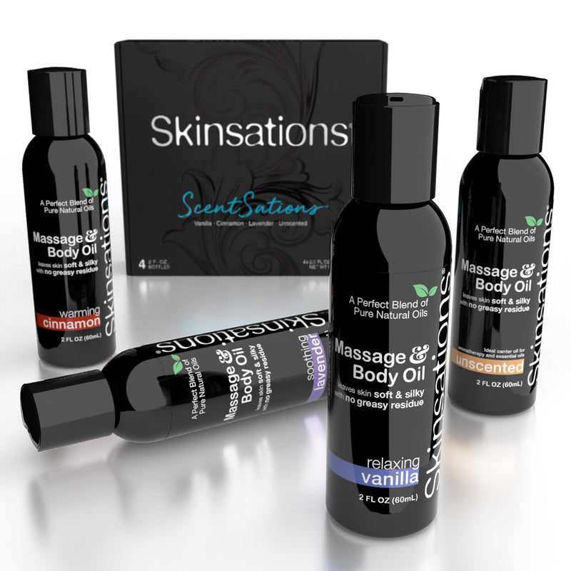 Skinsations Massage Oil Kit (Set of 4): Unscented, Vanilla, Cinnamon & Lavender - Travel Size