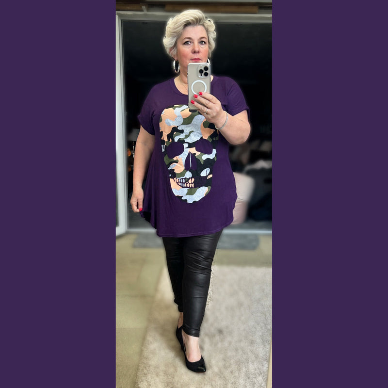 Dipped Hem Short Sleeve Glitter Skull T-Shirt