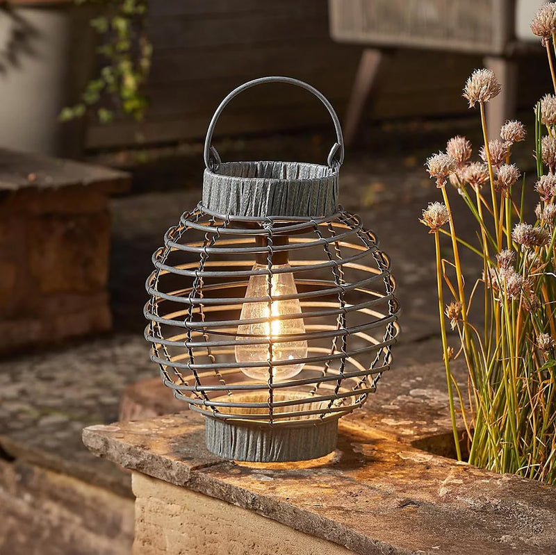 Slate Rattan Solar LED Lantern Warm White Outdoor Garden Light