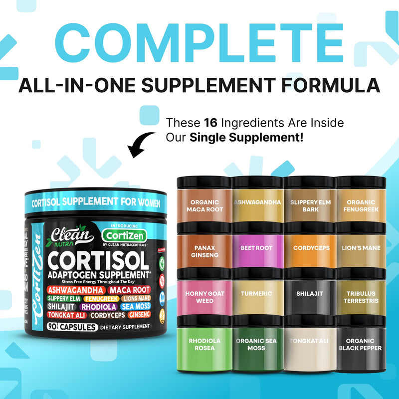 Clean Nutra Cortisol Supplements For Women | Maca Root Ashwagandha Cortisol Detox Manager Reducer + Slippery Elm Fenugreek Lions Mane Shilajit Rhodiola Sea Moss Tongkat Ali Cordyceps Ginseng Beet Root