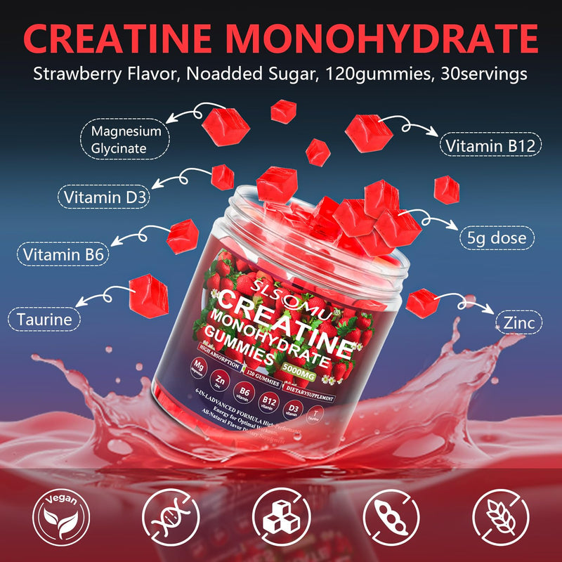 Slsomu Creatine Monohydrate Gummies 5000mg – Strawberry, 120 Gummies | Vegan Pre-Workout