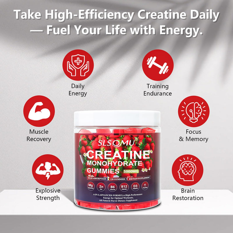Slsomu Creatine Monohydrate Gummies 5000mg – Strawberry, 120 Gummies | Vegan Pre-Workout