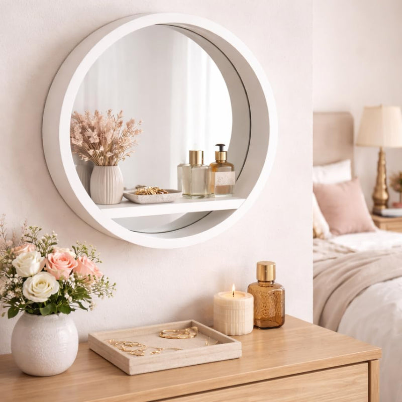 35cm White Round Wall Mirror with Shelf Porthole Design