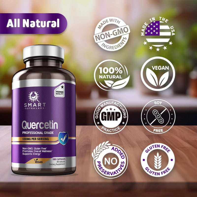 Smart Nutra Labs Quercetin 1000mg – 180 Vegan Capsules, Non-GMO, Gluten Free, Third-Party Tested