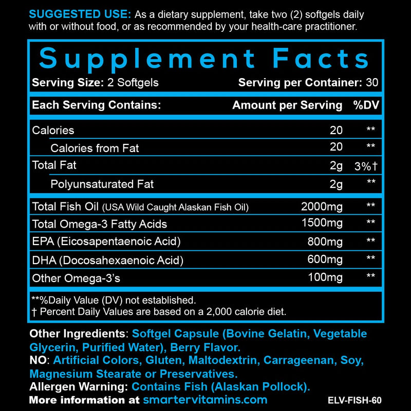 Smarter Omega 3 Fish Oil 2 Pack - Berry Flavor, Burpless, 2000mg DHA & EPA