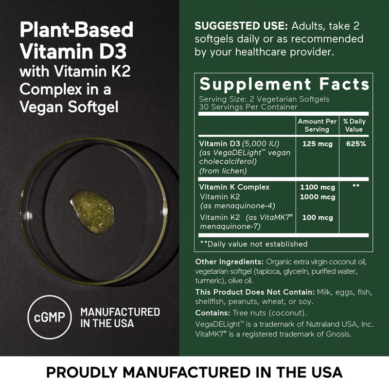 SMARTERNUTRITION Vegan Vitamin D3 5000 IU + Vitamin K2 1100 mcg – Organic Coconut & Olive Oil Softgels (180) 90 Day Supply