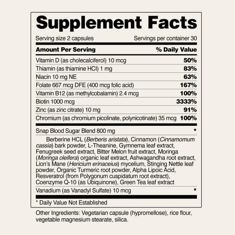 Snap Supplements Blood Sugar Blend — CoQ10, Cinnamon, Gymnema, Alpha Lipoic Acid, Sugar Free, 60 Capsules, 2 Pack