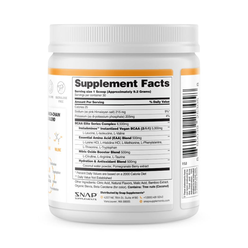 Snap Supplements Plant-Based BCAA Powder + Nitric Oxide Booster – 30 Servings