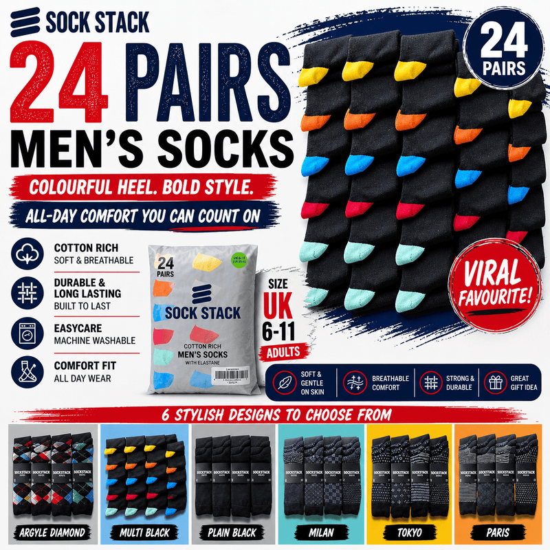 24 Pairs Men's Soft Cotton Colourful Heel Toe Black Argyle Diamond Easycare Comfortable Shoe Socks Flat Toe Seam Durable Work School Business Wear UK 6-11 by Sock Stack