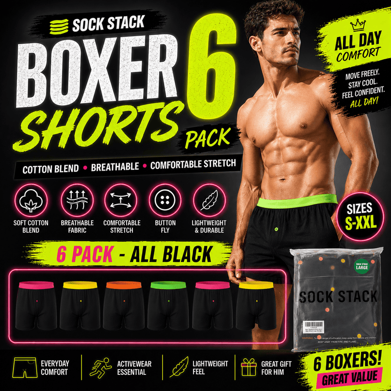 6 Pack Classic Menswear Black Cotton Blend Boxer Shorts Breathable Activewear Comfortable Stretch Colourful Waistband Durable Lightweight Button Fly Underwear MB08 by Sock Stack