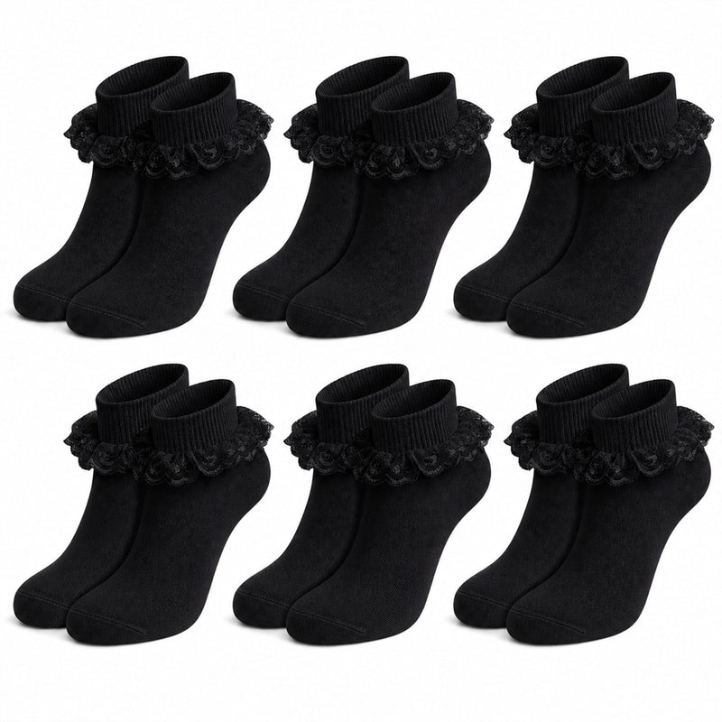 6 Pairs Black Girls Tutu Frilly Ankle Socks with Lace & Bow Super Soft Wedding Christening Sock by Sock Stack