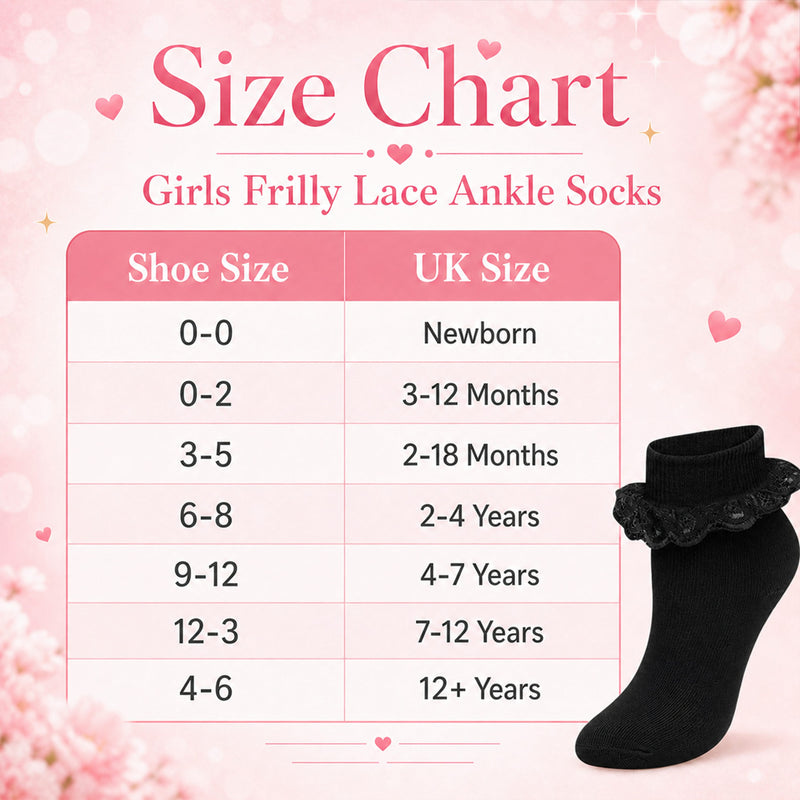 6 Pairs Black Girls Tutu Frilly Ankle Socks with Lace & Bow Super Soft Wedding Christening Sock by Sock Stack