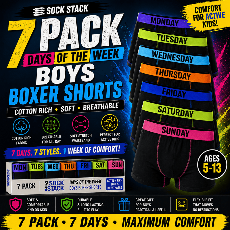 7 Pack Days Of The Week Boys Cotton Rich Underwear Trunks Childrenswear Activewear Classic Breathable Comfortable Waistband Soft Stretchy Boxer Shorts Ages 5 to 13 Assorted Colours Waistband by Sock Stack