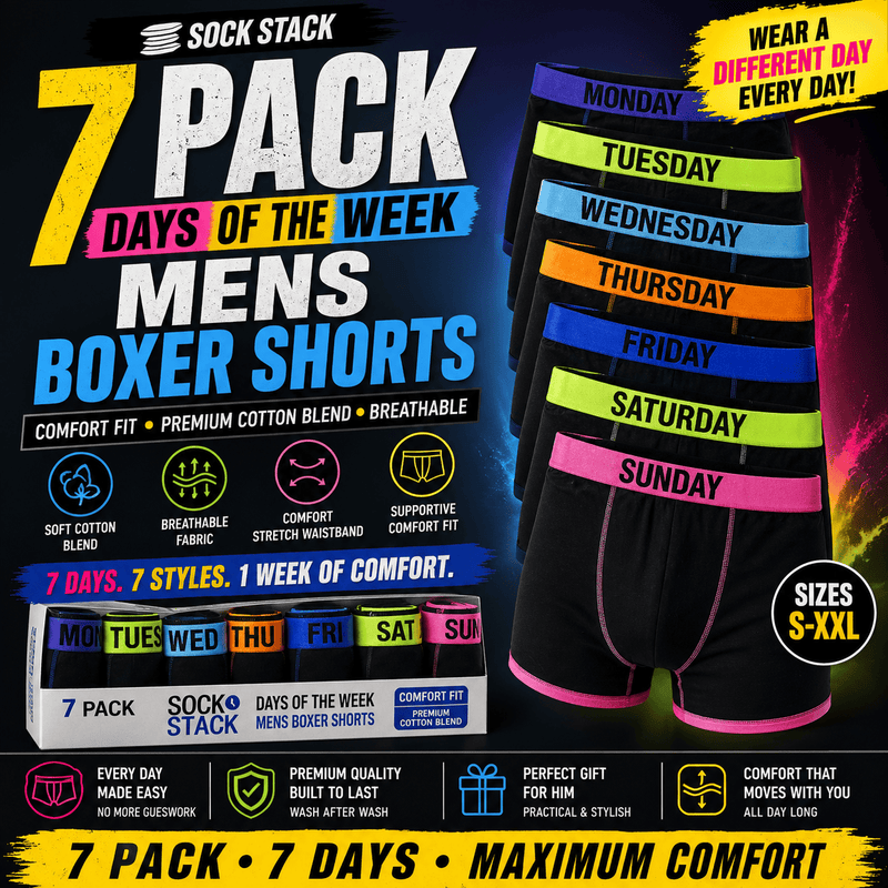 7 Pack Days Of The Week Comfort Fit Boxer Shorts Menswear Activewear Classic Breathable with Premium Cotton Blend and Colourful Assorted Waistband Stretchable Durable Everyday Wear Sizes Small to XLarge by Sock Stack