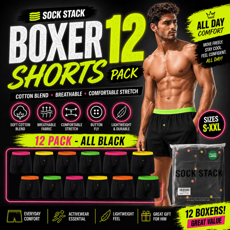 12 Pack Classic Menswear Black Cotton Blend Boxer Shorts Breathable Activewear Comfortable Stretch Colourful Waistband Durable Lightweight Button Fly Underwear MB08 by Sock Stack