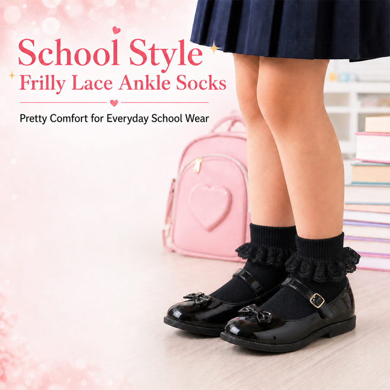 6 Pairs Girls Cotton Rich Frilly Ankle Socks Durable Breathable Sculpted Heels and Toes Multiple Sizes and Colours Perfect for School and Everyday Wear by Sock Stack