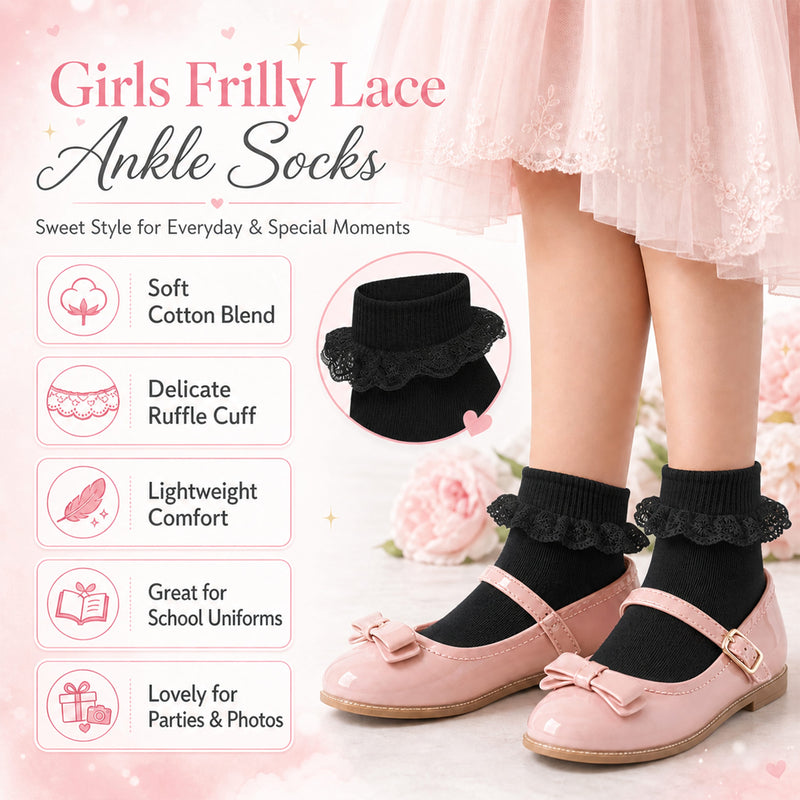 6 Pairs Girls Cotton Rich Frilly Ankle Socks Durable Breathable Sculpted Heels and Toes Multiple Sizes and Colours Perfect for School and Everyday Wear by Sock Stack