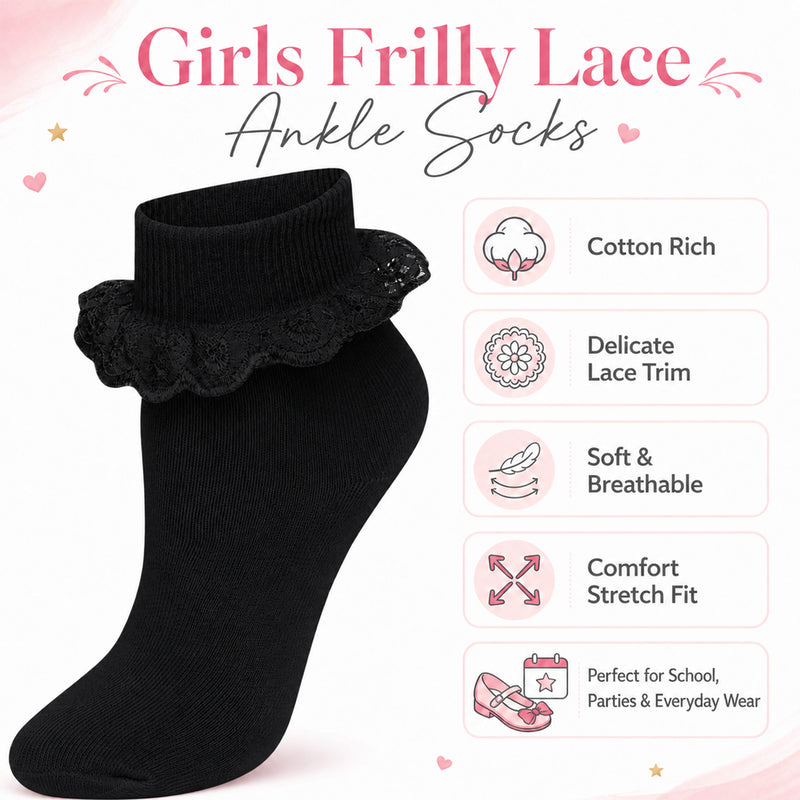 6 Pairs Girls Cotton Rich Frilly Ankle Socks Durable Breathable Sculpted Heels and Toes Multiple Sizes and Colours Perfect for School and Everyday Wear by Sock Stack