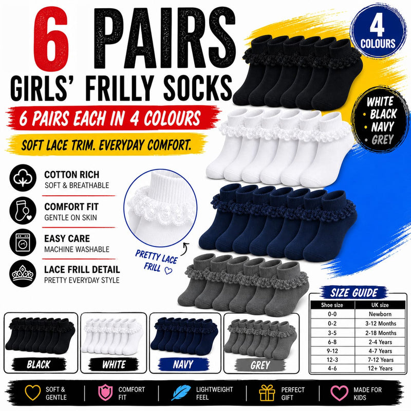 6 Pairs Girls Cotton Rich Frilly Ankle Socks Durable Breathable Sculpted Heels and Toes Multiple Sizes and Colours Perfect for School and Everyday Wear by Sock Stack