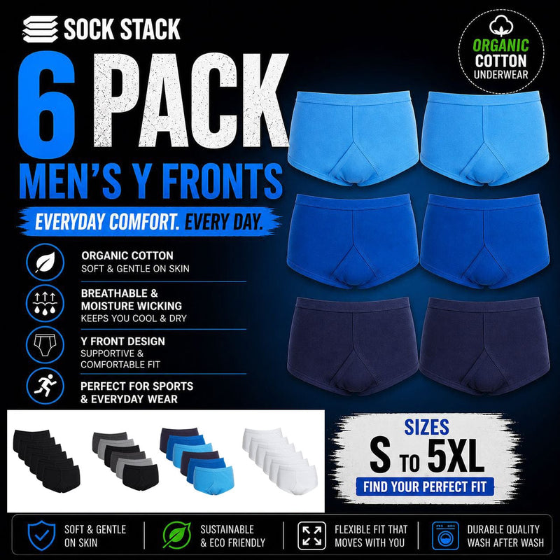 Pack of 6 Men's Cotton Y Front Briefs Comfortable Breathable Underwear with Soft Stretch Waistband Hypoallergenic Durable by Sock Stack
