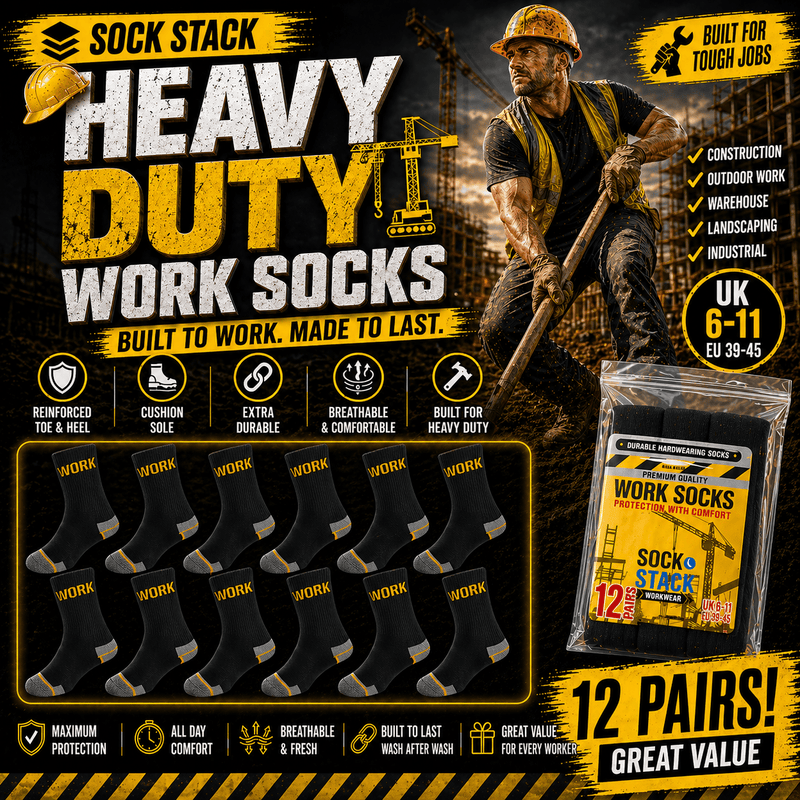 12 Pairs Mens Heavy Duty Work Socks Cushion Sole Reinforced Toe Heel Durable Black Boot Sock for Construction Outdoor Jobs Walking Sizes UK 6-11 EUR 39-45 by Sock Stack