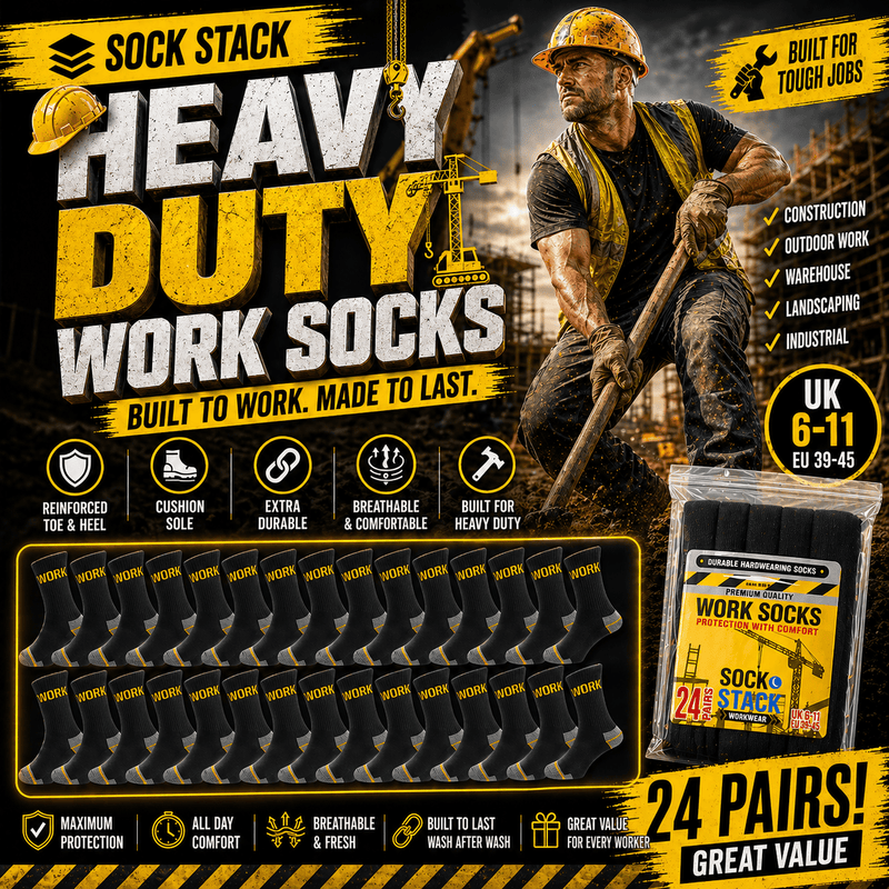 24 Pairs Mens Heavy Duty Work Socks Cushion Sole Reinforced Toe Heel Durable Black Boot Sock for Construction Outdoor Jobs Walking Sizes UK 6-11 EUR 39-45 by Sock Stack