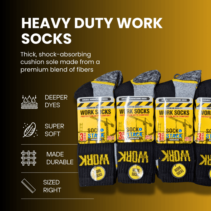 6 Pairs Mens Heavy Duty Work Socks Cushion Sole Reinforced Toe Heel Durable Black Boot Sock for Construction Outdoor Jobs Walking Sizes UK 6-11 EUR 39-45 by Sock Stack