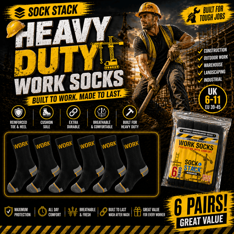 6 Pairs Mens Heavy Duty Work Socks Cushion Sole Reinforced Toe Heel Durable Black Boot Sock for Construction Outdoor Jobs Walking Sizes UK 6-11 EUR 39-45 by Sock Stack