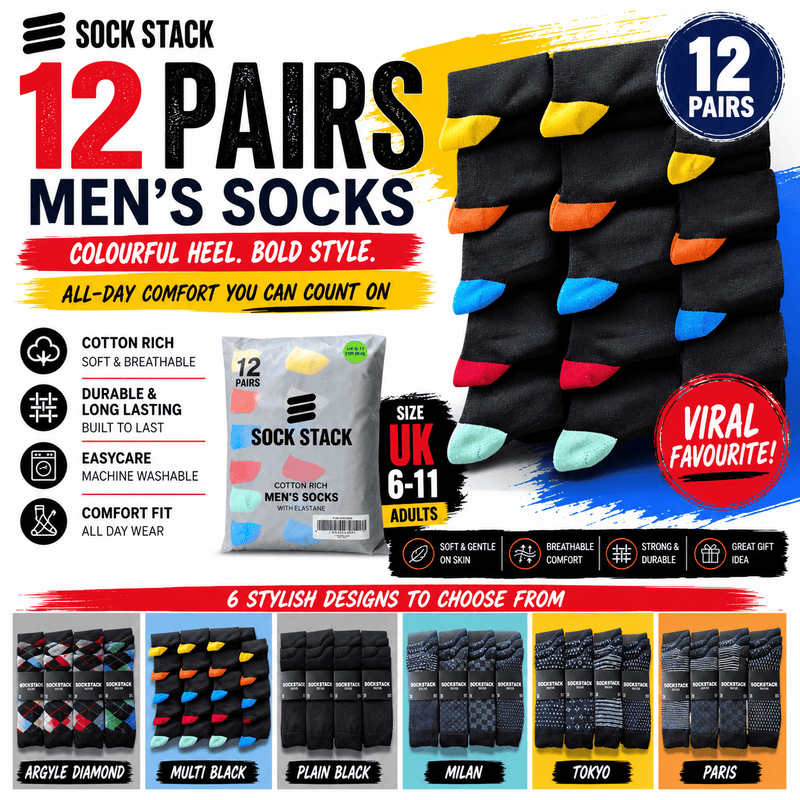 12 Pairs Men's Soft Cotton Colourful Heel Toe Black Argyle Diamond Easycare Comfortable Shoe Socks Flat Toe Seam Durable Work School Business Wear UK 6-11 by Sock Stack