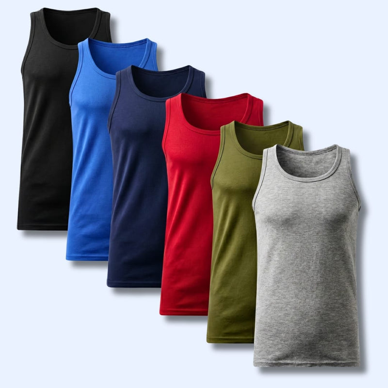 Pack of 6 Men's Cotton Blend Gym Muscle Vests Fitted Lightweight Comfortable Breathable Summer Wear Sizes S to XXL Available in Black Grey Navy White by Sock Stack