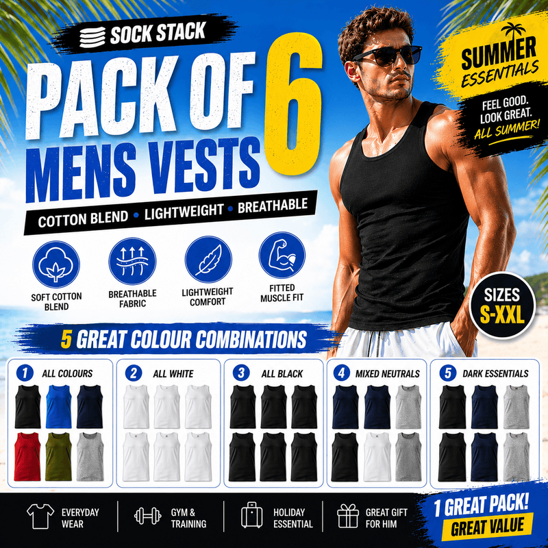 Pack of 6 Men's Cotton Blend Gym Muscle Vests Fitted Lightweight Comfortable Breathable Summer Wear Sizes S to XXL Available in Black Grey Navy White by Sock Stack