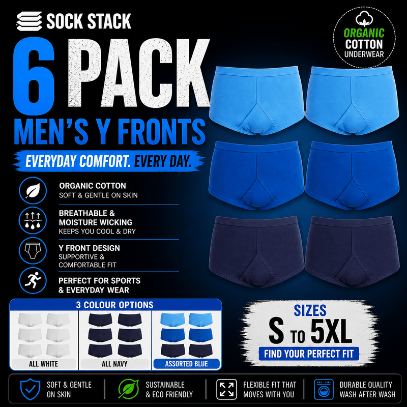 Pack of 6 Mens Organic Cotton Y Front Underpants Breathable Sports and Everyday Wear Various Sizes and Colours Moisture Wicking Comfort by Sock Stack
