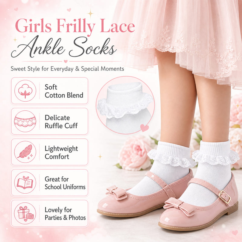 6 Pairs White Girls Tutu Frilly Ankle Socks with Lace & Bow Super Soft Wedding Christening Sock by Sock Stack