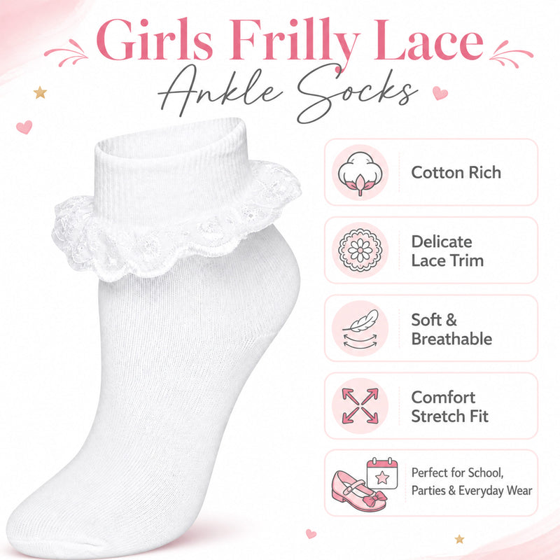 6 Pairs White Girls Tutu Frilly Ankle Socks with Lace & Bow Super Soft Wedding Christening Sock by Sock Stack